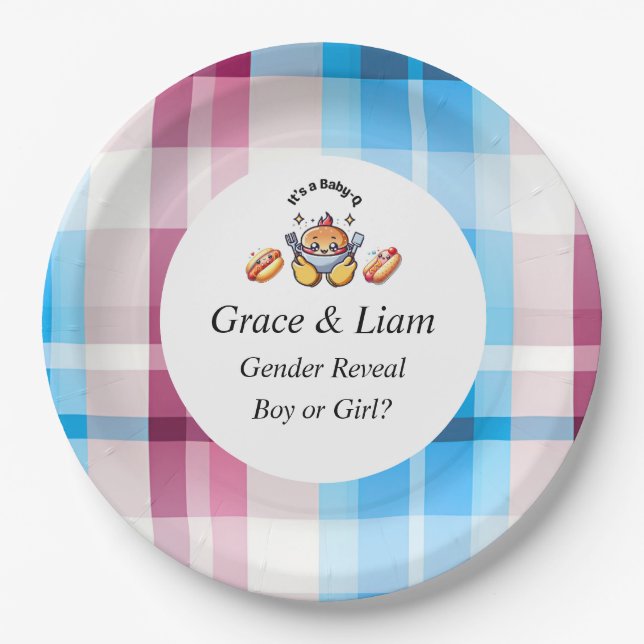 Cute Kawaii Baby-Q Gender Reveal Party Paper Plate (Front)