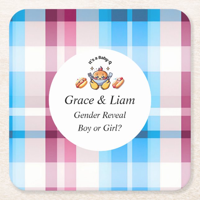Cute Kawaii Baby-Q Gender Reveal Party Square Paper Coaster (Front)