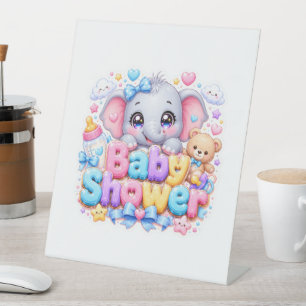 Cute Kawaii Baby Shower Elephant Pastel Pink Teddy Pedestal Sign