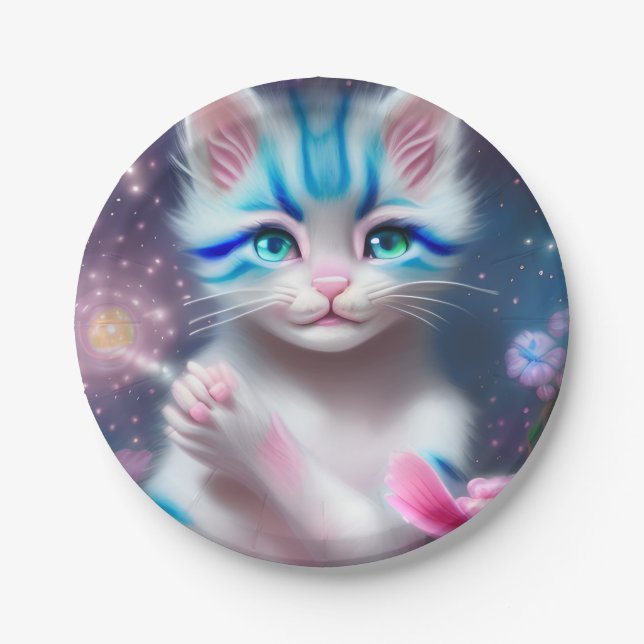 Cute Kawaii baby striped pink and blue cat kitten  Paper Plate (Front)