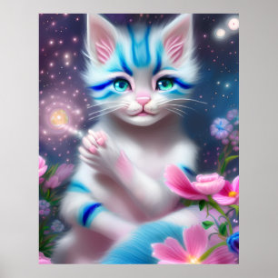 Cute Kawaii baby striped pink and blue cat kitten Poster