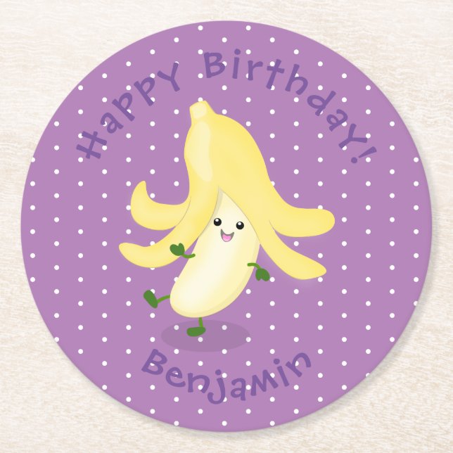 Cute kawaii banana cartoon round paper coaster (Front)