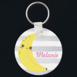 Cute Kawaii Banana Personalized Key Ring<br><div class="desc">Adorable happy banana on cute striped personalized keychain.</div>
