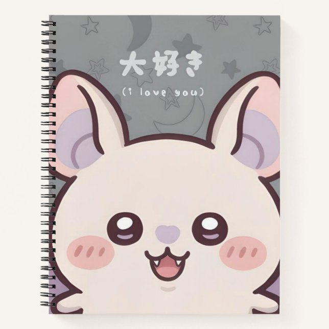 Cute Kawaii Bat Notebook - "Daisuki" (I Love You)  (Front)