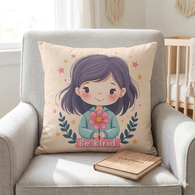 Cute Kawaii "Be Kind" Illustration Cushion (Cute Kawaii Be Kind Illustration Throw Pillow Mockup A)