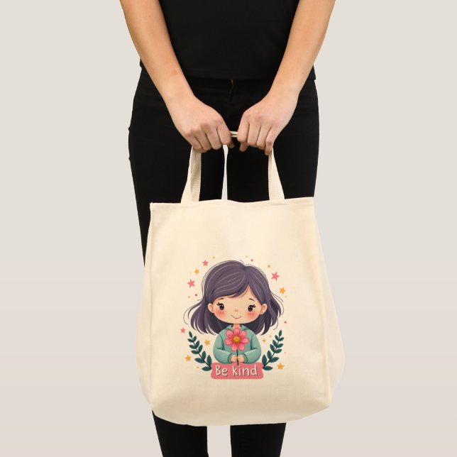 Cute Kawaii "Be Kind" Illustration Tote Bag (Front (Product))