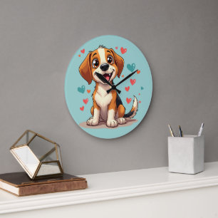 Cute Kawaii Beagle with Hearts Playful Dog Art Large Clock