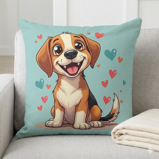 Cute Kawaii Beagle with Hearts Playful Dog Cushion (Cute Kawaii Beagle with Hearts Playful Dog Throw Pillow Mockup A)