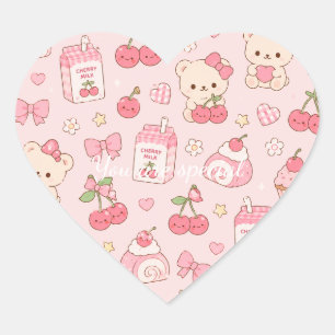 Cute Kawaii Bear Cherry Pattern   Pink Pastel  Heart Sticker