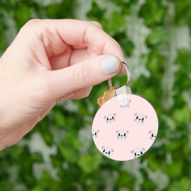 Cute Kawaii Bear Face Pattern on Pastel Pink Key Ring (Hand)