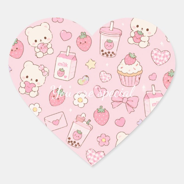 Cute Kawaii Bear Strawberry Milk Pattern | Pink  Heart Sticker (Front)