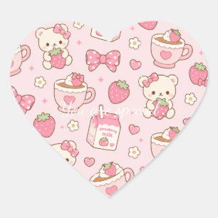 Cute Kawaii Bear Strawberry Tea Pattern   Pink  Heart Sticker
