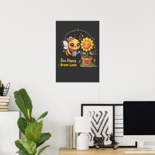 Cute Kawaii Bee Watering Sunflower Bee Happy Grow Poster