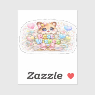 Cute Kawaii Best Wishes Cat Pastel Pink Floral Gre
