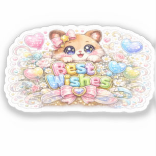 Cute Kawaii Best Wishes Cat Pastel Pink Floral Gre