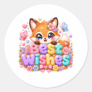Cute Kawaii Best Wishes Fox Name Pastel Pink Flora Classic Round Sticker