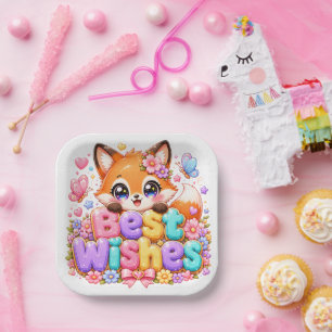 Cute Kawaii Best Wishes Fox Name Pastel Pink Flora Paper Plate