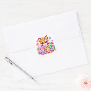 Cute Kawaii Best Wishes Fox Name Pastel Pink Flora Square Sticker