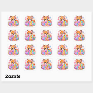 Cute Kawaii Best Wishes Fox Name Pastel Pink Flora Square Sticker