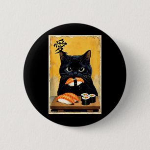 Cute Kawaii Black Cat Eating Sushi Funny Japanese 6 Cm Round Badge