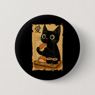 Cute Kawaii Black Cat Eating Sushi Funny Japanese  6 Cm Round Badge