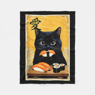 Cute Kawaii Black Cat Eating Sushi Funny Japanese Fleece Blanket