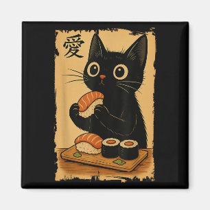 Cute Kawaii Black Cat Eating Sushi Funny Japanese Magnet