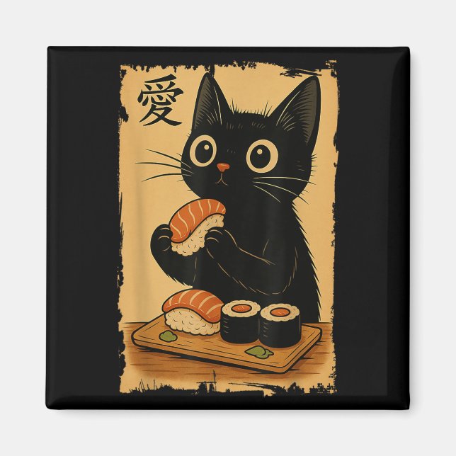 Cute Kawaii Black Cat Eating Sushi Funny Japanese  Magnet (Front)