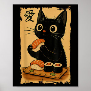 Cute Kawaii Black Cat Eating Sushi Funny Japanese Poster