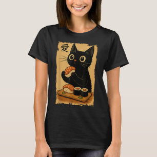 Cute Kawaii Black Cat Eating Sushi Funny Japanese T-Shirt