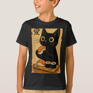 Cute Kawaii Black Cat Eating Sushi Funny Japanese T-Shirt