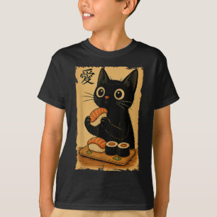 Cute Kawaii Black Cat Eating Sushi Funny Japanese T-Shirt