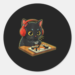 Cute Kawaii Black Cat Funny Sushi Retro Japanese C Classic Round Sticker