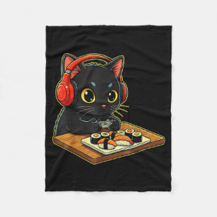 Cute Kawaii Black Cat Funny Sushi Retro Japanese C Fleece Blanket
