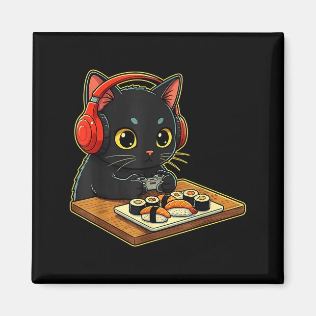 Cute Kawaii Black Cat Funny Sushi Retro Japanese C Magnet (Front)