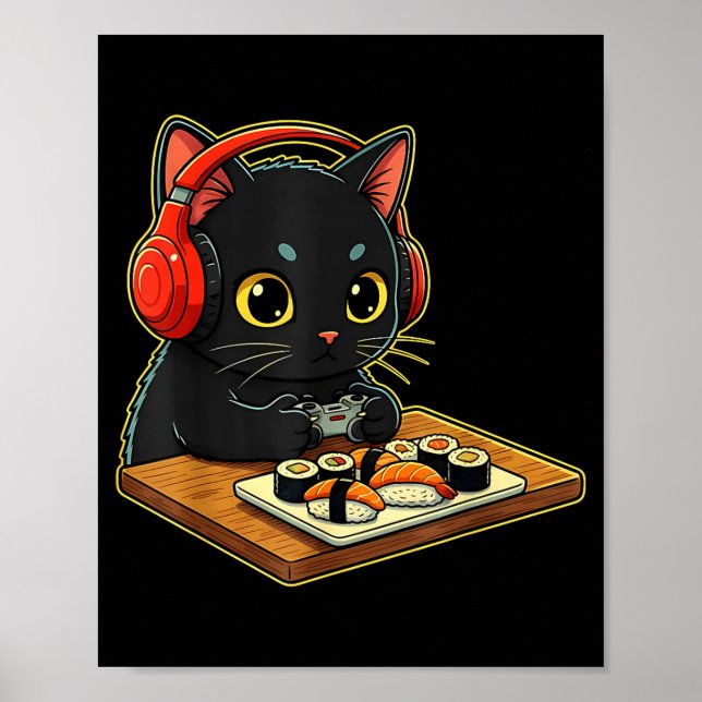 Cute Kawaii Black Cat Funny Sushi Retro Japanese C Poster (Front)
