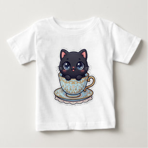 Cute Kawaii Black Cat in a Vintage Floral Teacup  Baby T-Shirt