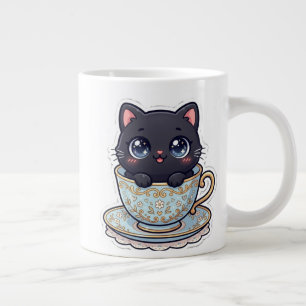 Cute Kawaii Black Cat in Vintage Floral Teacup Large Coffee Mug