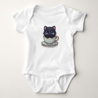 Cute Kawaii Black Cat in Vintage Teacup Baby Bodysuit