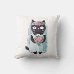 Cute Kawaii Black Cat Wearing a Veil Cushion