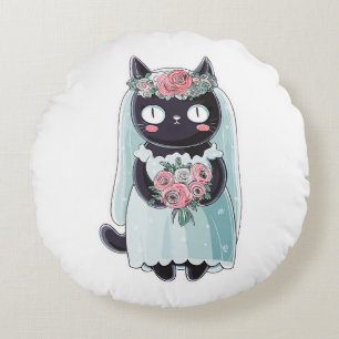 Cute Kawaii Black Cat Wearing a Veil Round Cushion