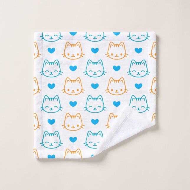 Cute Kawaii blue and Orange Cat Faces Pattern Wash Cloth (Wash Cloth)