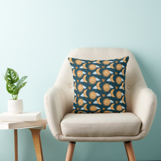 Cute Kawaii Blue Gold Sun Moon Hearts Cushion