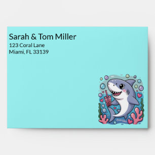Cute Kawaii Blue Shark Boba Tea Baby Shower Envelope