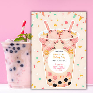 Cute Kawaii Boba Bubble Tea Axolotl Birthday Invitation