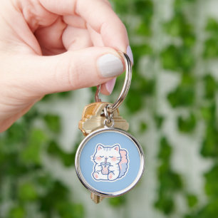 Cute Kawaii Boba Cat Bubble Tea Round Keychain