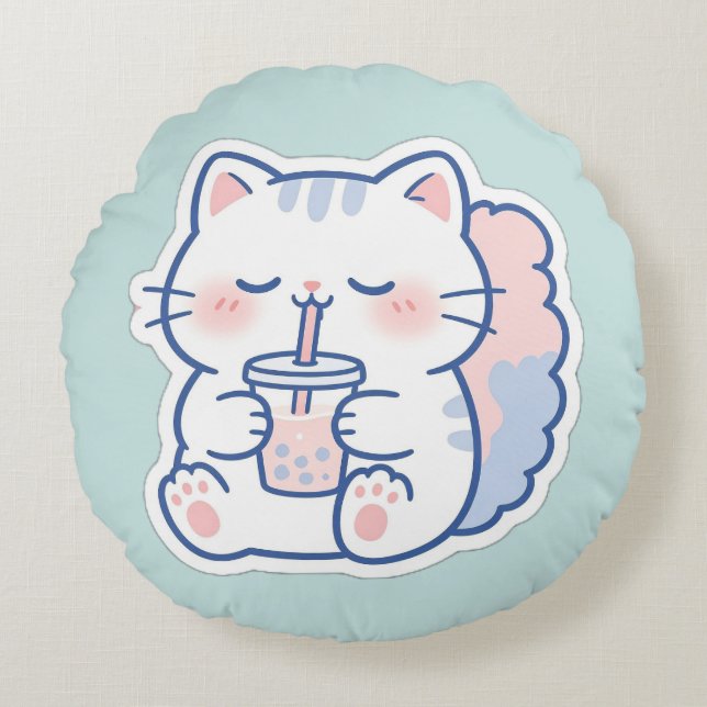 Cute Kawaii Boba Cat Bubble Tea Round Throw Pillow (Front)