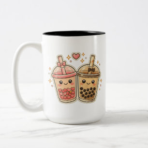 Cute Kawaii Boba Milk Tea Hearts Couple Valentine Two-Tone Coffee Mug
