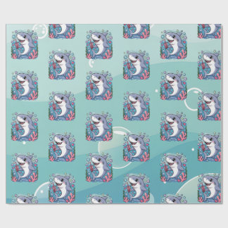 Cute Kawaii Boba Shark Ocean Vibes Pattern Wrapping Paper