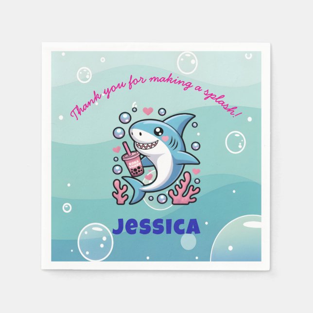 Cute Kawaii Boba Shark Personalised Baby Shower Napkin (Front)